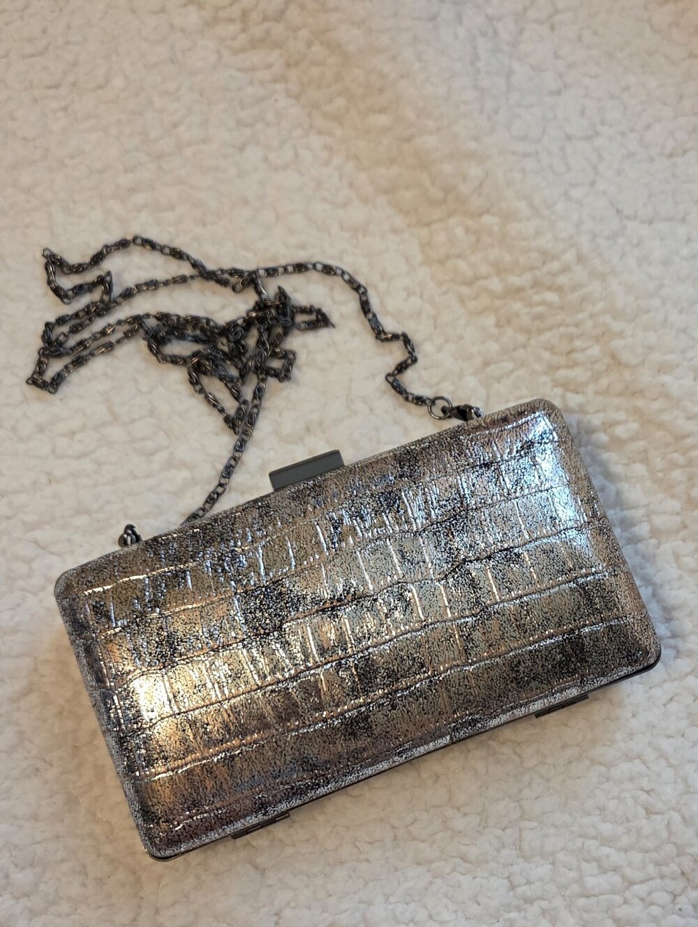 Metallic Silver Gunmetal Distressed Faux Alligator Clutch with Chain Strap